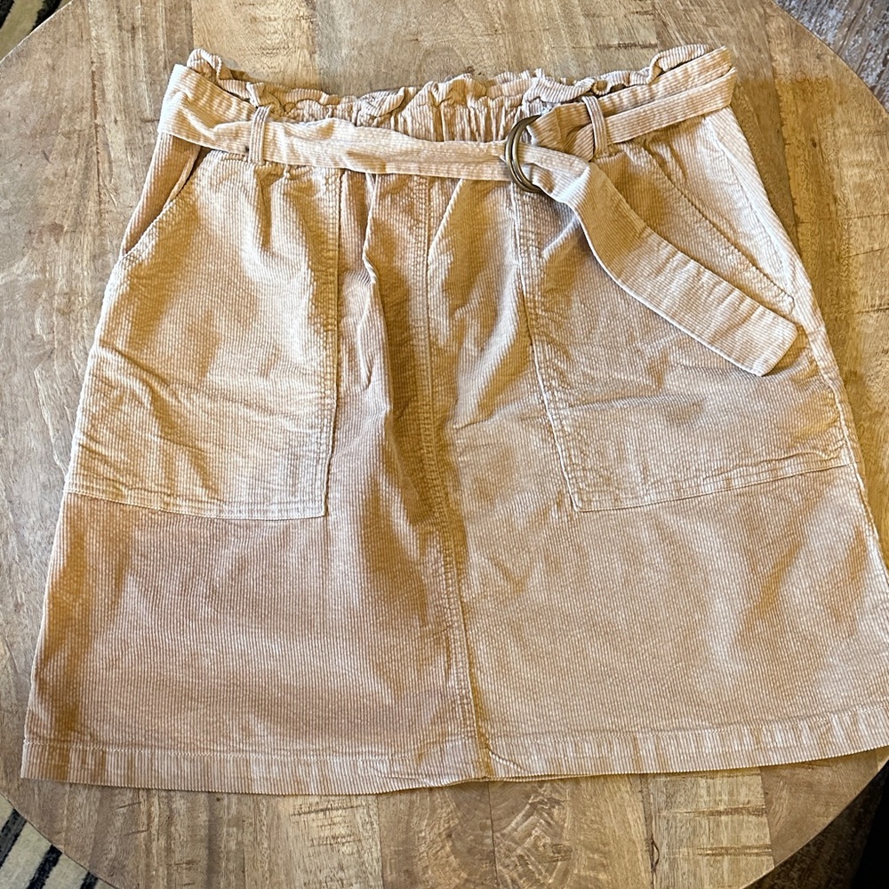 High-Waist Paperbag Corduroy Skirt with Belt - Cream